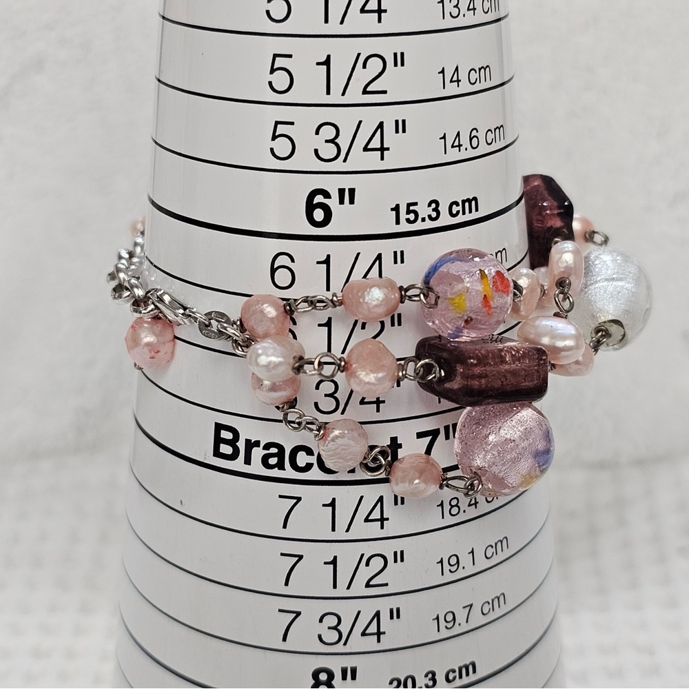 Glass Foil Bead and Pearl Necklace & Bracelets Bundle Set Shimmery Pink & Brown - Picture 8 of 12